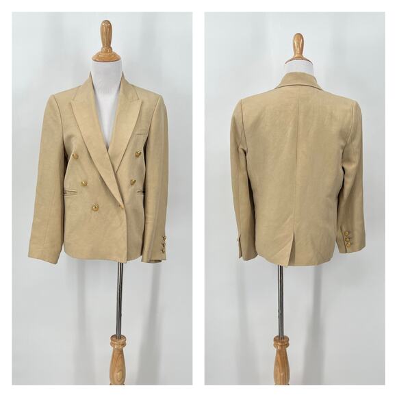 NILI LOTAN Henry jacket Womens 6 Khaki Camel Silk Linen Double Breasted Blazer - Picture 3 of 16